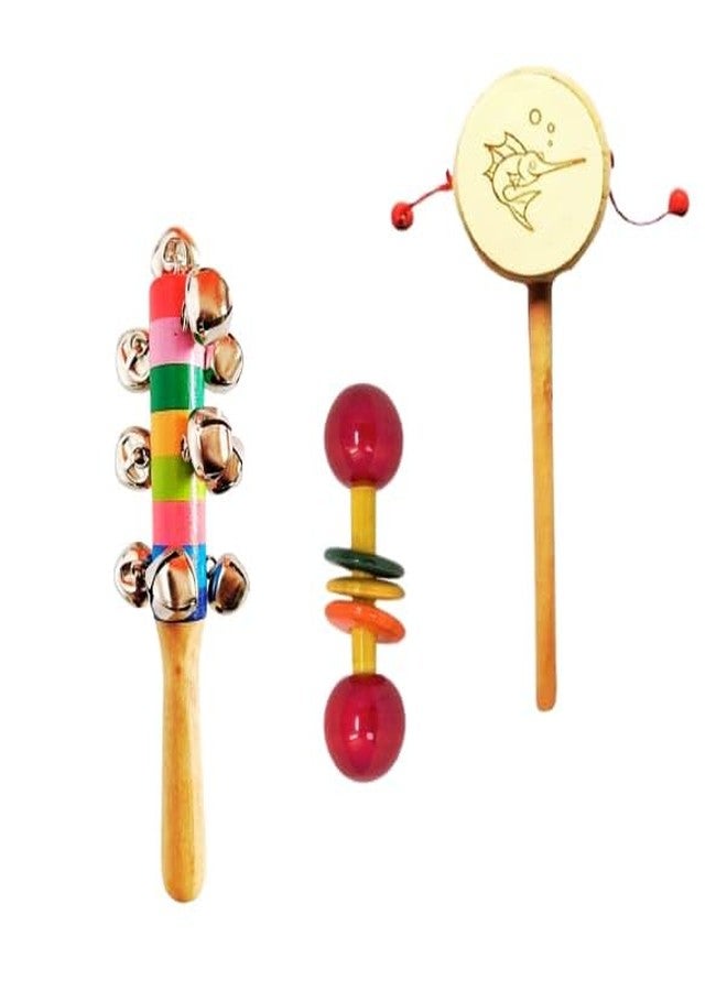 Little Mind Wooden Rattle Toys for Baby/New-Born Infant Kids Set of 3 pcs - Multicolor - Discover Sounds, Develops Sensory Skills (10 Bell Rattle, White Damura, Teathar) - Image 1